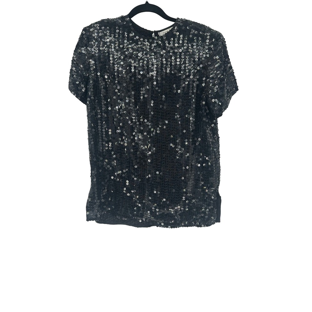 Diane Gilman Black‎ Sequin Short Sleeve Silk Top Blouse Party